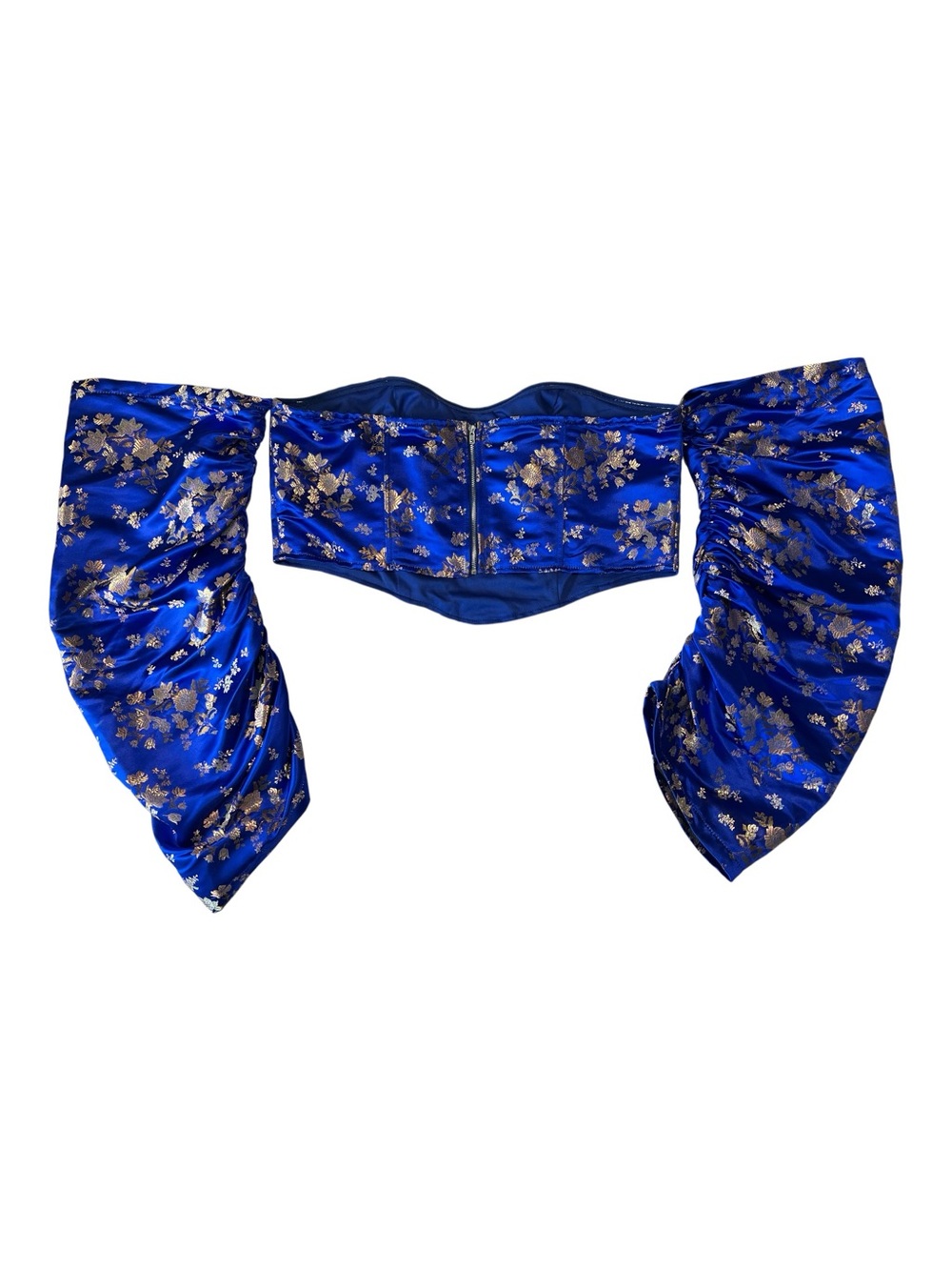 Fashion Nova Royal Blue Satin Floral Corset Crop Top with Gold Accents Sz 1X - Picture 6 of 16